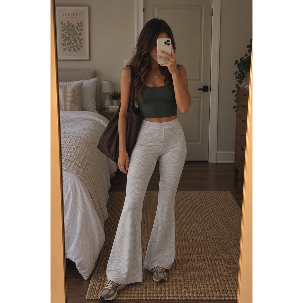 Aerie Groove-On Velour Flare Pant High Waisted Ribbed Knit Gray Loungewear XS